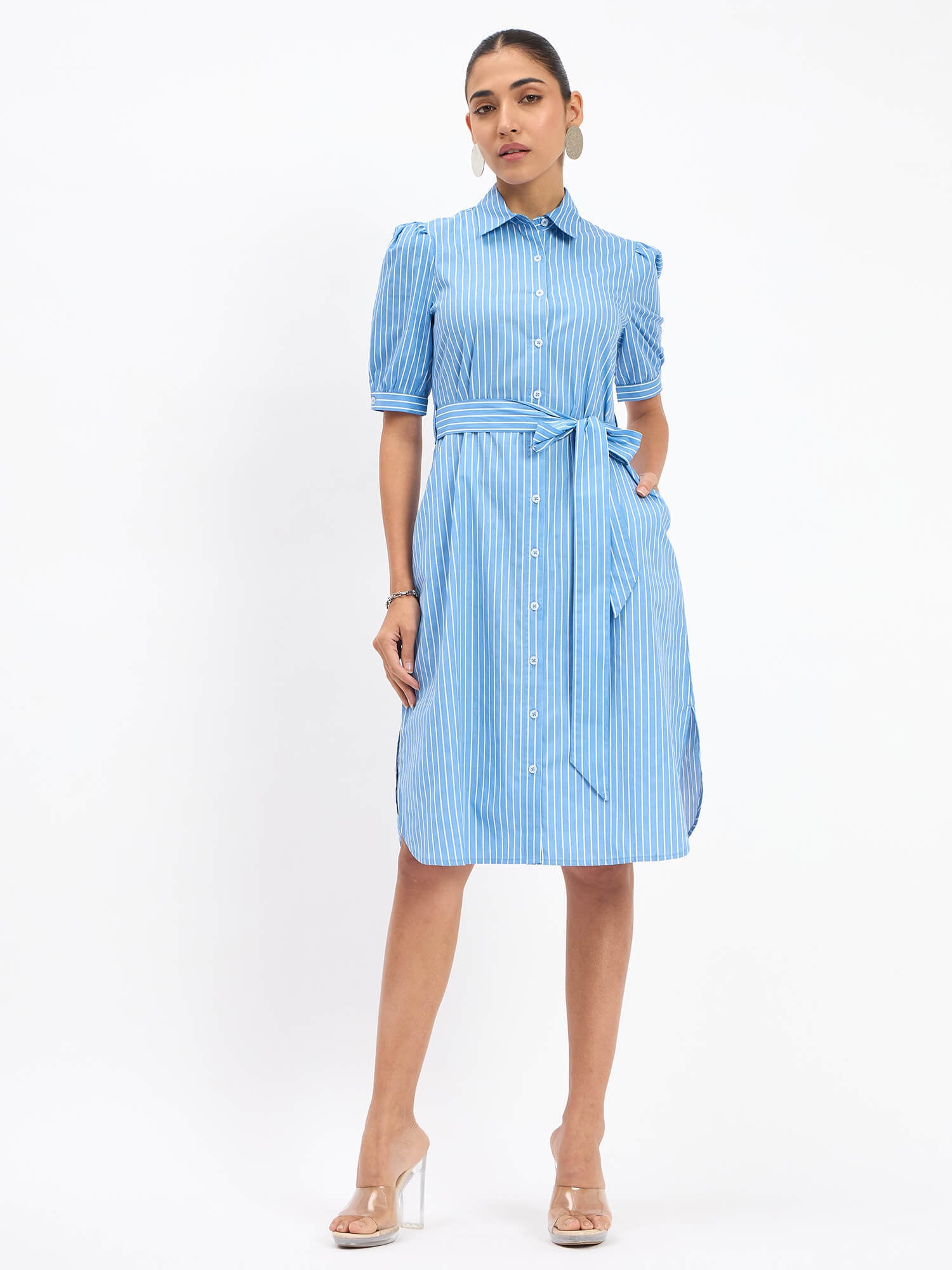 Bolt Puff Sleeve Shirt Dress - Blue Stripes