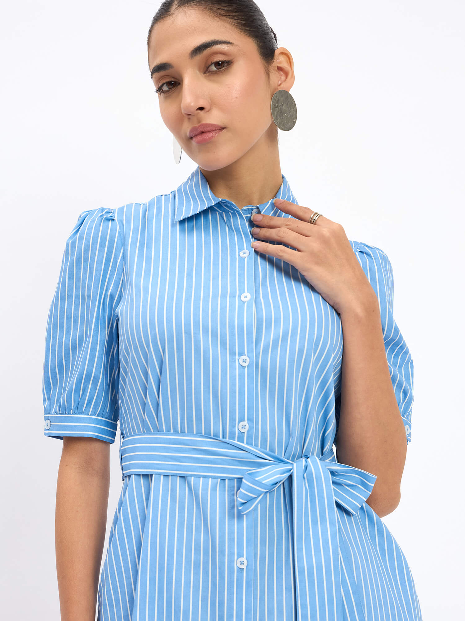 Bolt Puff Sleeve Shirt Dress - Blue Stripes