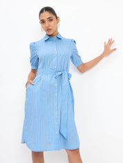 Bolt Puff Sleeve Shirt Dress - Blue Stripes