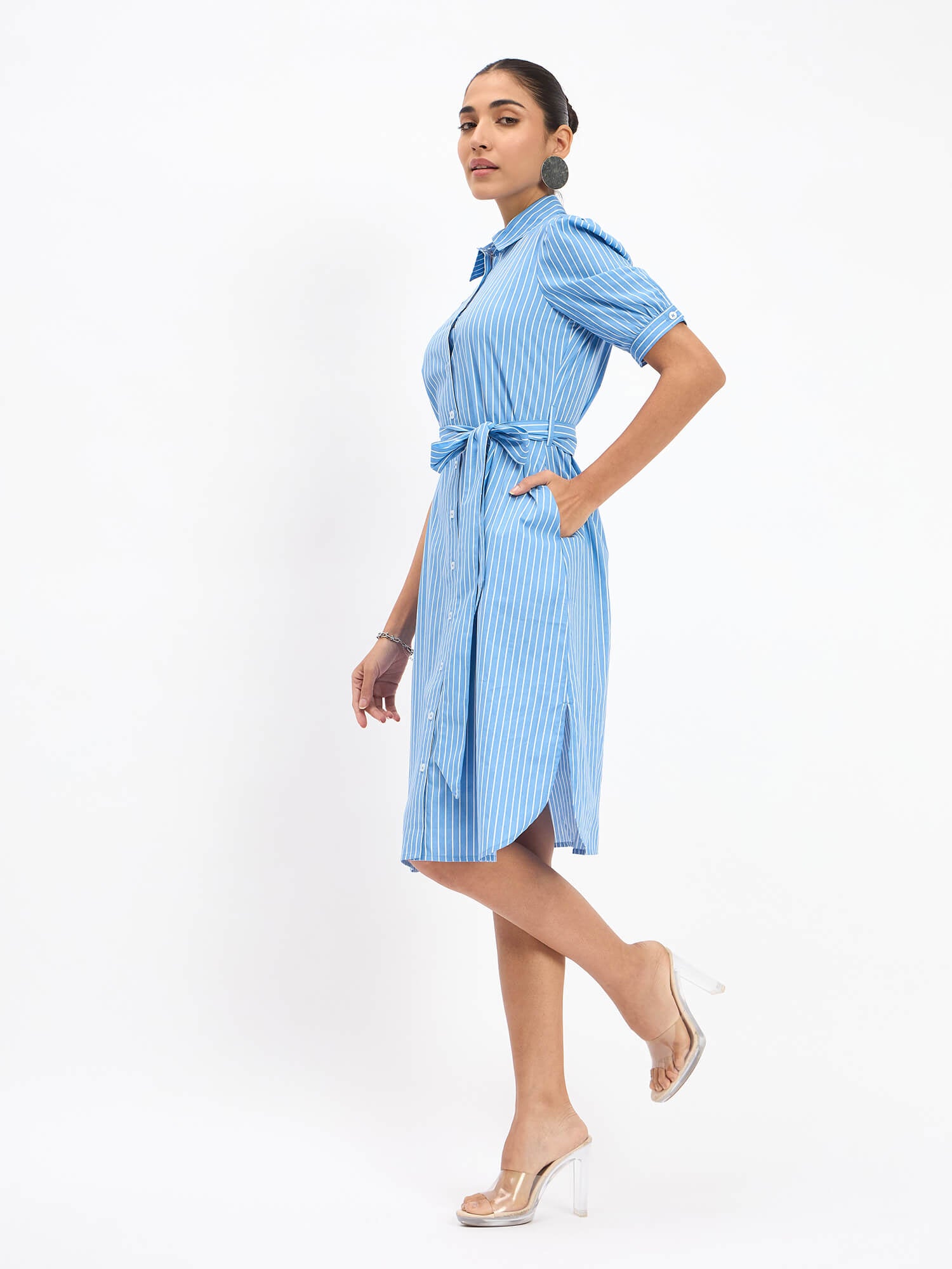 Bolt Puff Sleeve Shirt Dress - Blue Stripes