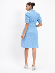 Bolt Puff Sleeve Shirt Dress - Blue Stripes