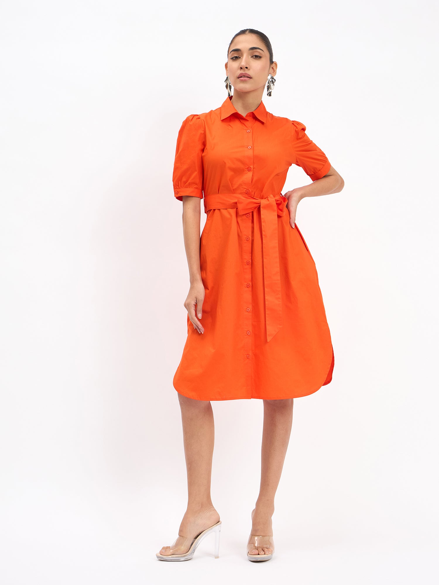 Bolt Puff Sleeve Shirt Dress - Tangerine