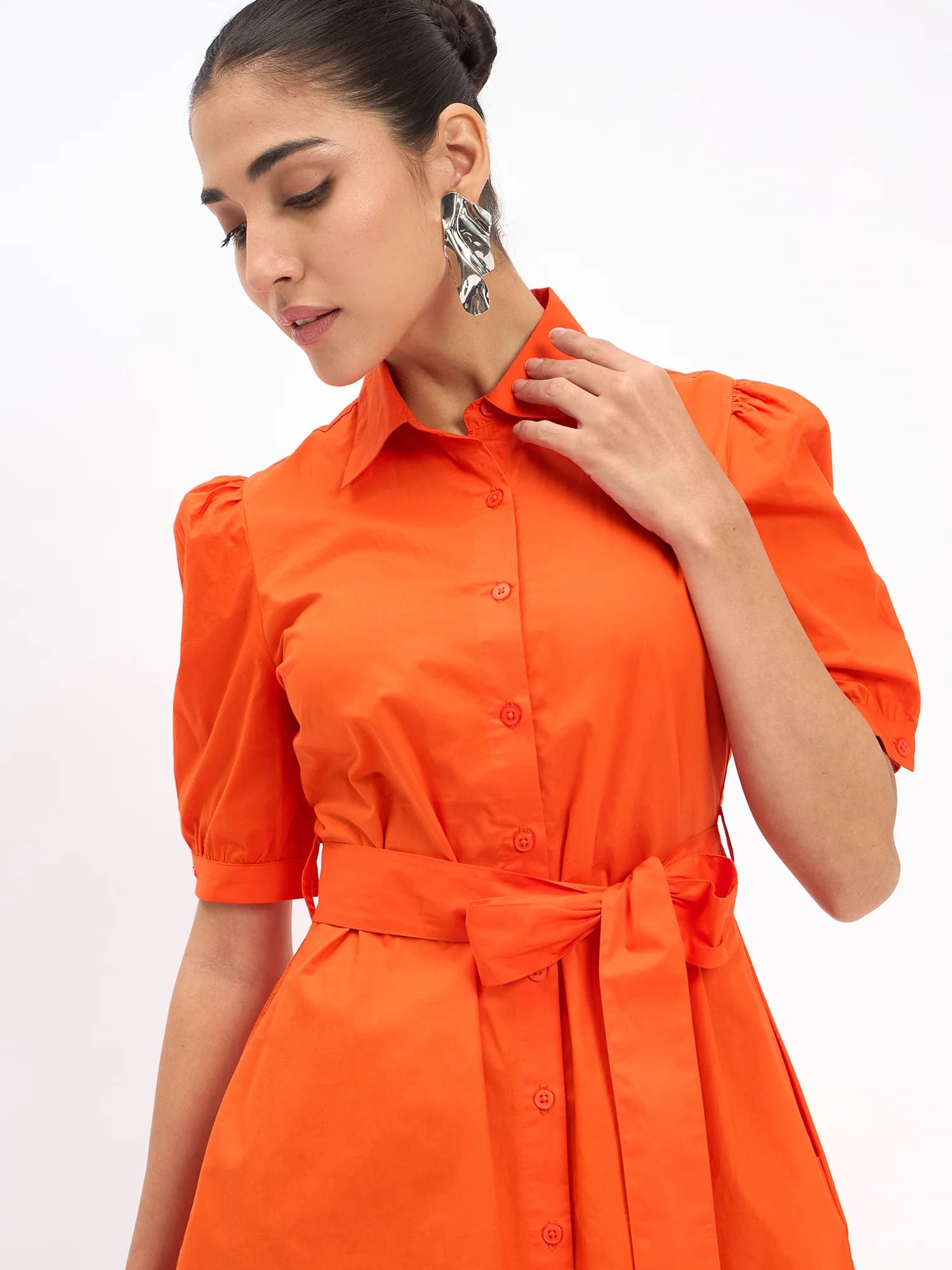 Bolt Puff Sleeve Shirt Dress - Tangerine