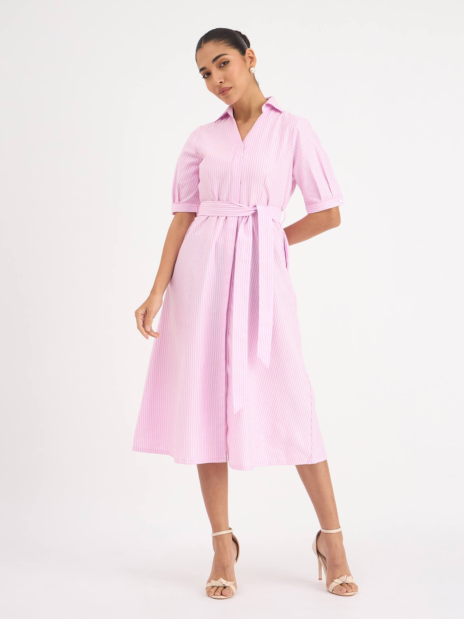 Sommer Stripes Belted Shirt Dress - Pink