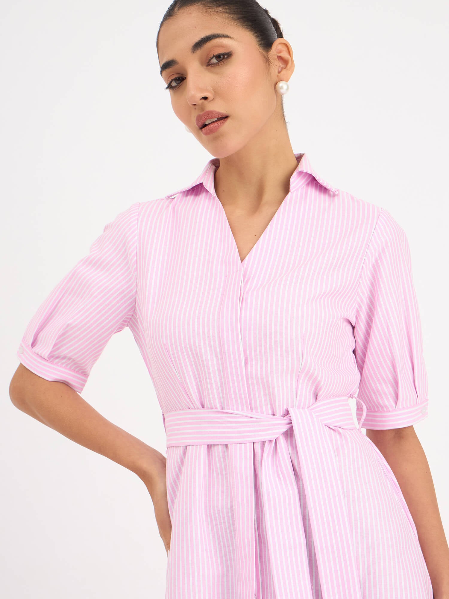 Sommer Stripes Belted Shirt Dress - Pink