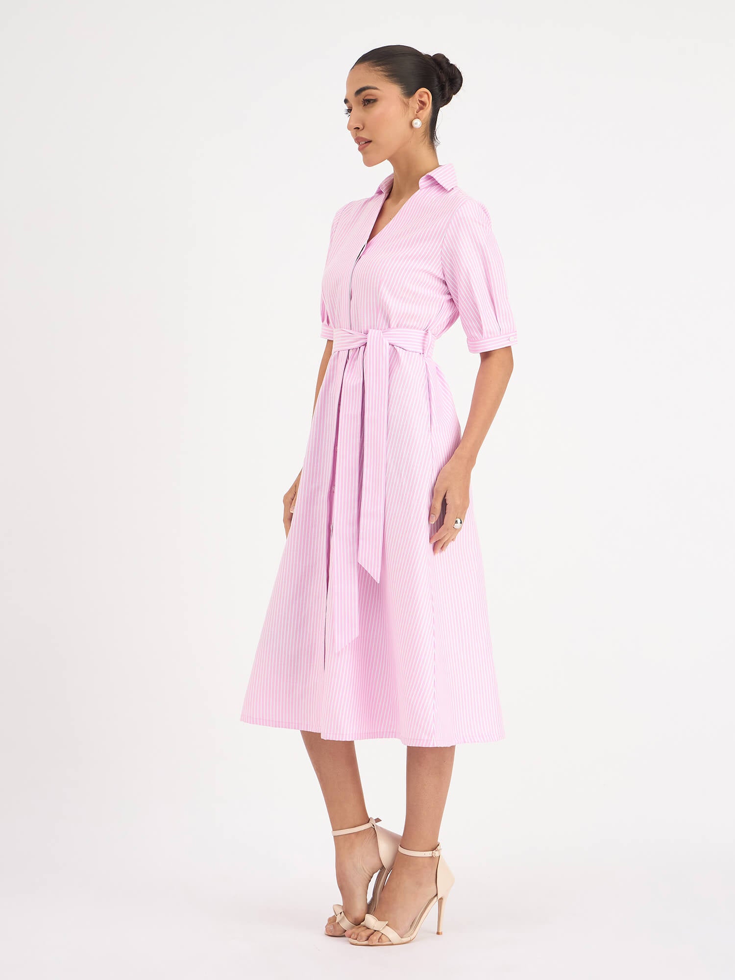 Sommer Stripes Belted Shirt Dress - Pink