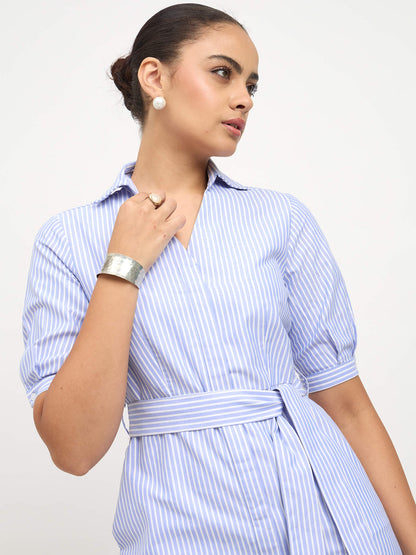 Sommer Belted Shirt Dress-Light Blue &amp; White