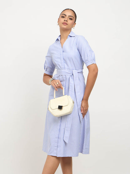 Sommer Belted Shirt Dress-Light Blue &amp; White