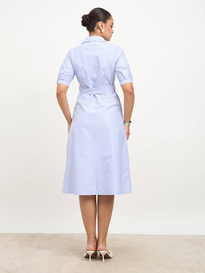 Sommer Belted Shirt Dress-Light Blue &amp; White