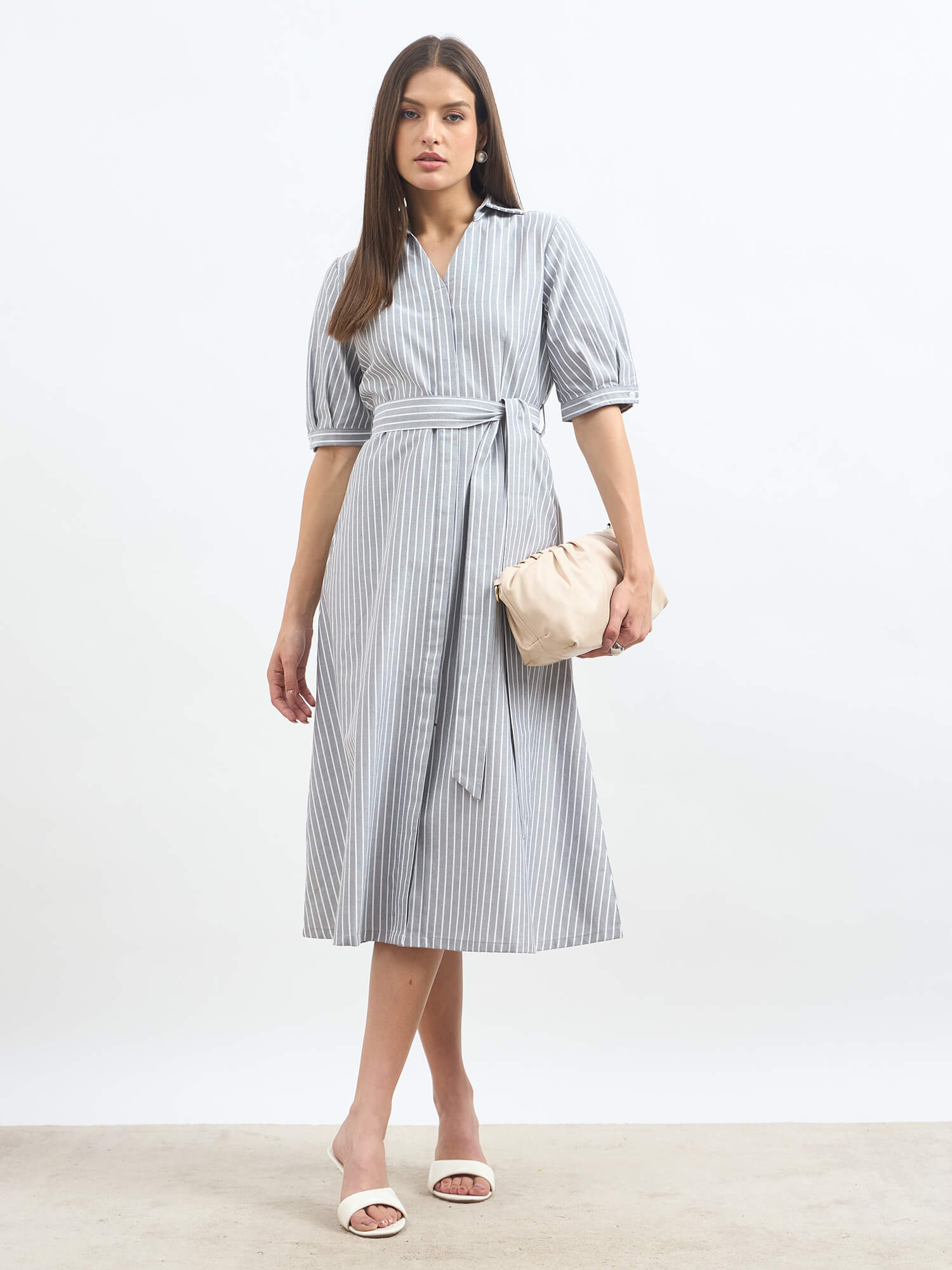 Sommer Stripes Belted Shirt Dress - Grey Stripes