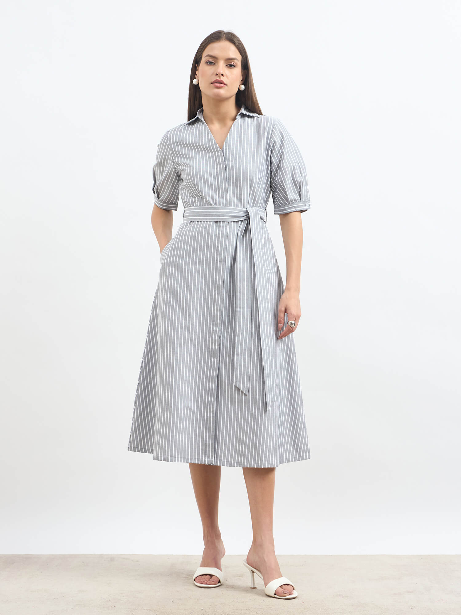 Sommer Stripes Belted Shirt Dress - Grey Stripes