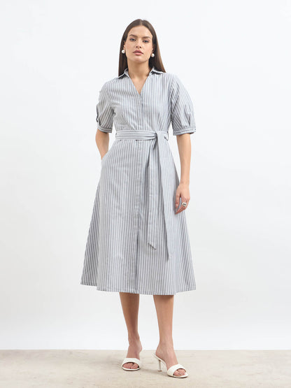 Sommer Stripes Belted Shirt Dress - Grey Stripes