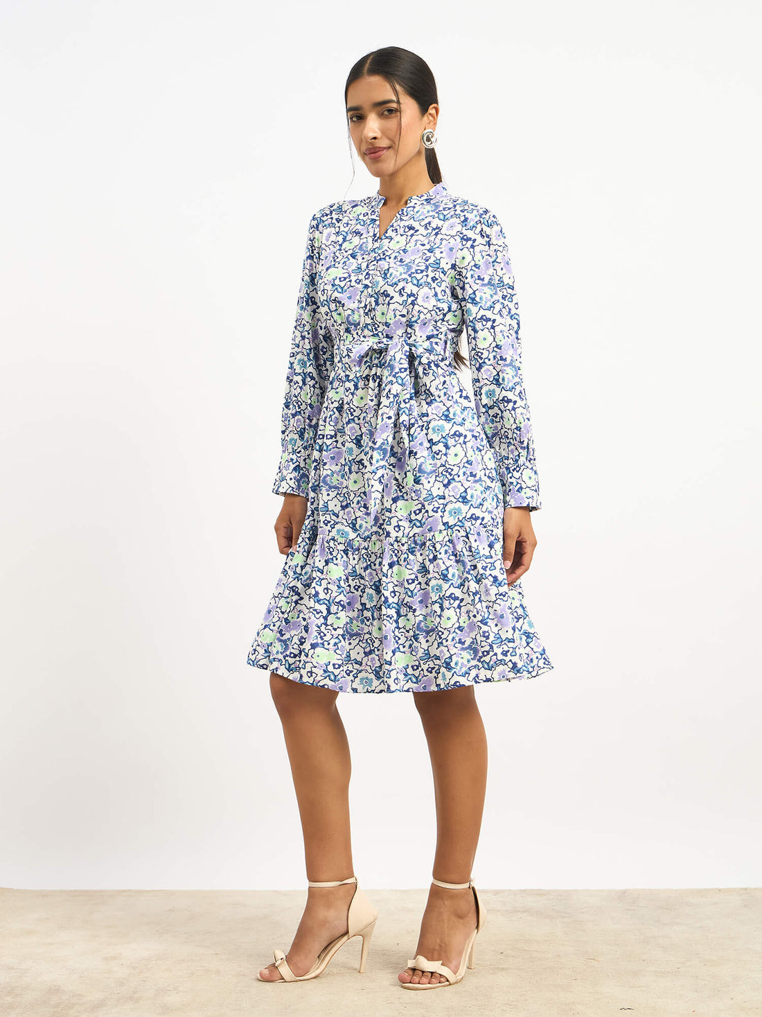 Lizbeth Short Belted Shirt Dress - Violet Abstract