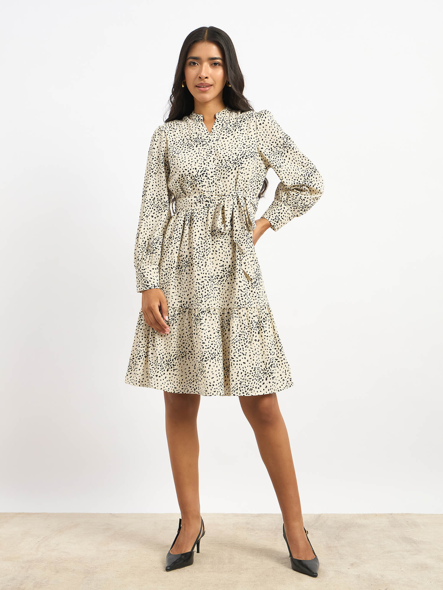 Lizbeth Short Belted Shirt Animal Print Dress - Beige &amp; Black