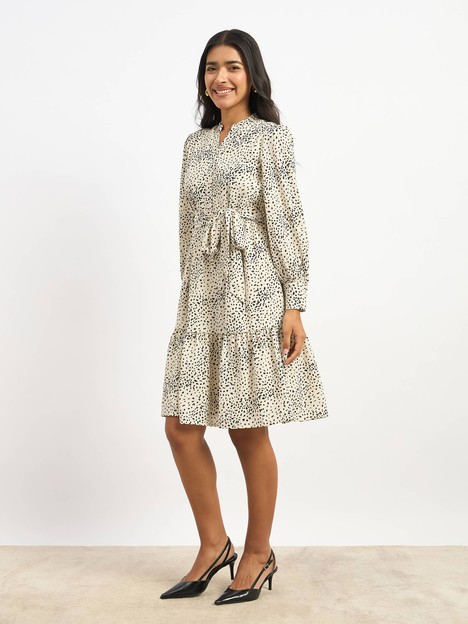 Lizbeth Short Belted Shirt Animal Print Dress - Beige &amp; Black