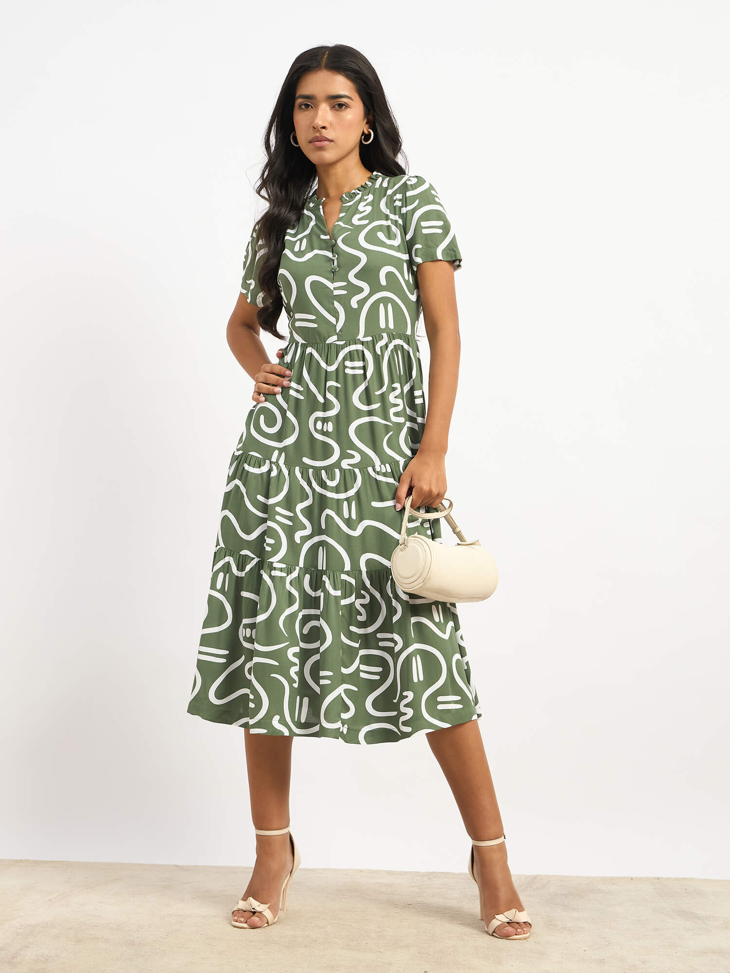 Donia Tiered Midi Length Dress - Sage &amp; White