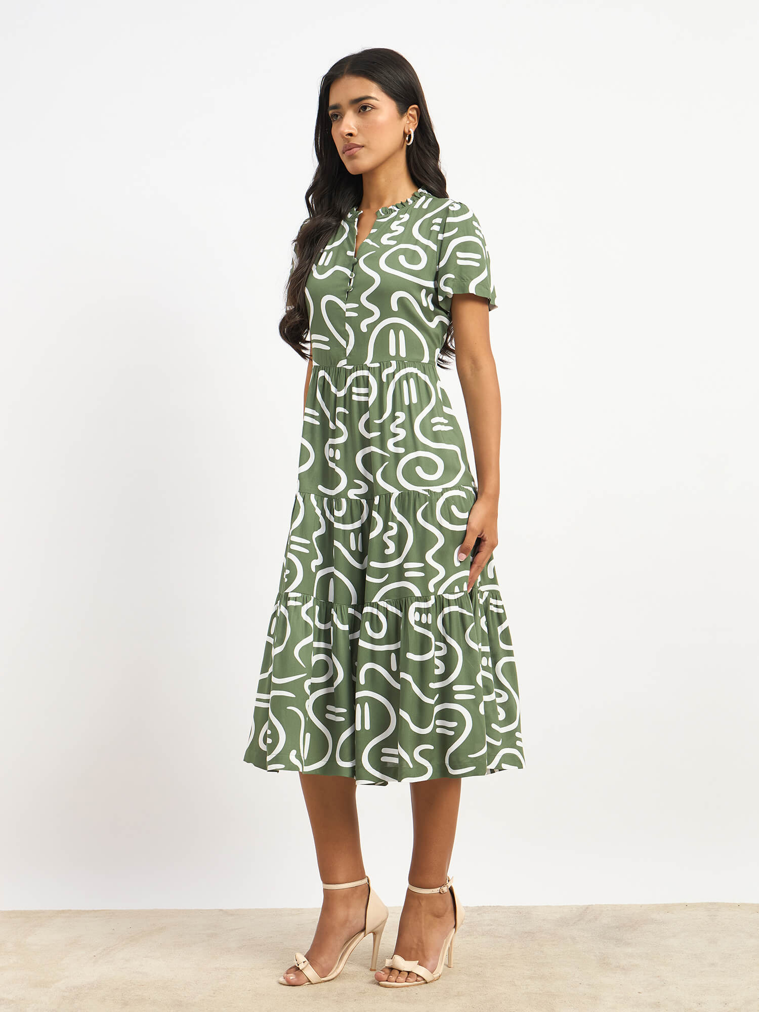 Donia Tiered Midi Length Dress - Sage &amp; White