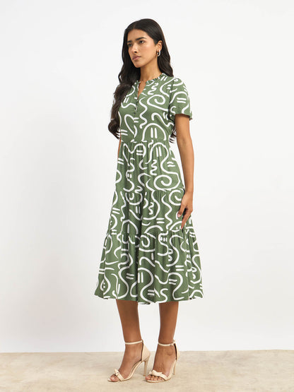 Donia Tiered Midi Length Dress - Sage &amp; White