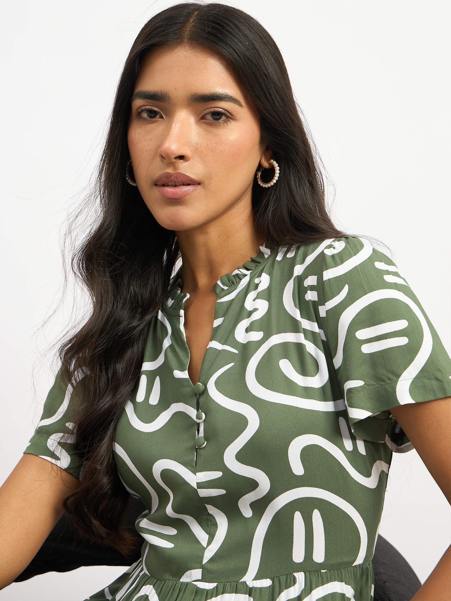 Donia Tiered Midi Length Dress - Sage &amp; White