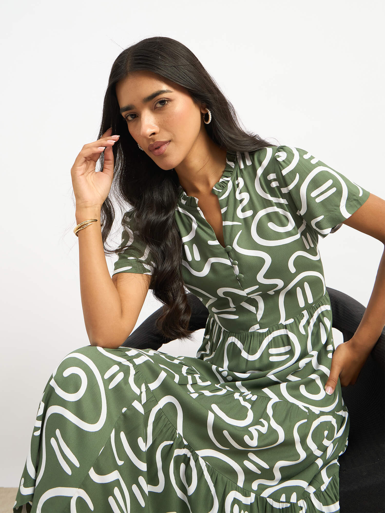 Donia Tiered Midi Length Dress - Sage &amp; White