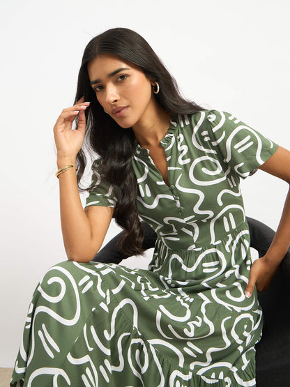 Donia Tiered Midi Length Dress - Sage &amp; White