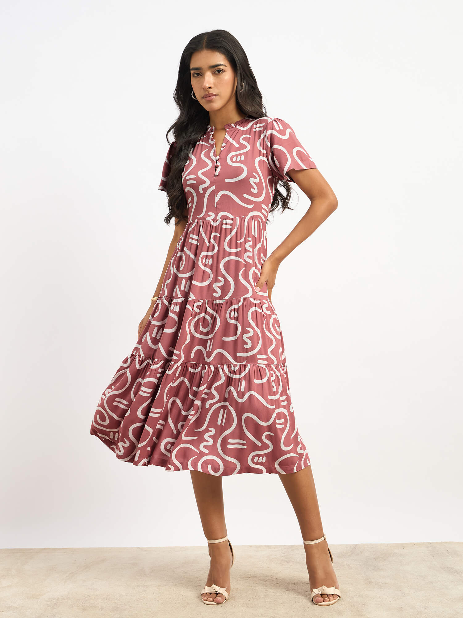 Donia Tiered Midi Length Dress - Mauve &amp; White