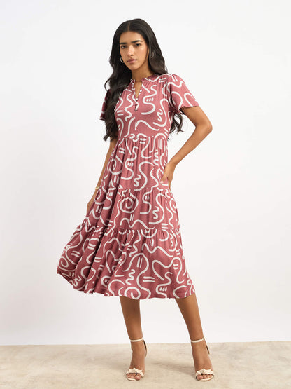 Donia Tiered Midi Length Dress - Mauve &amp; White