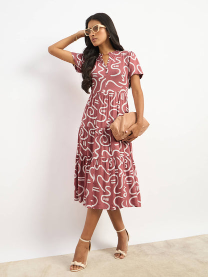 Donia Tiered Midi Length Dress - Mauve &amp; White