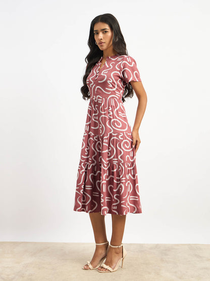 Donia Tiered Midi Length Dress - Mauve &amp; White