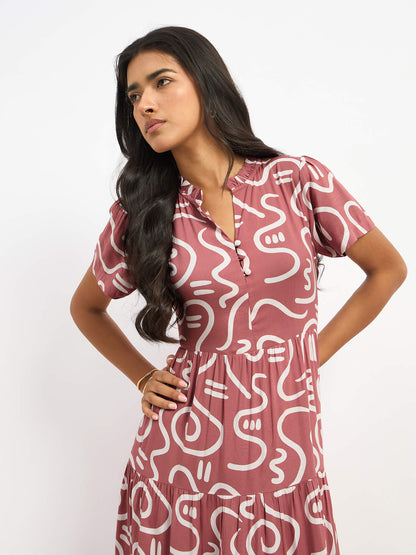 Donia Tiered Midi Length Dress - Mauve &amp; White