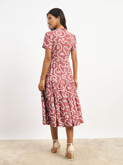 Donia Tiered Midi Length Dress - Mauve &amp; White