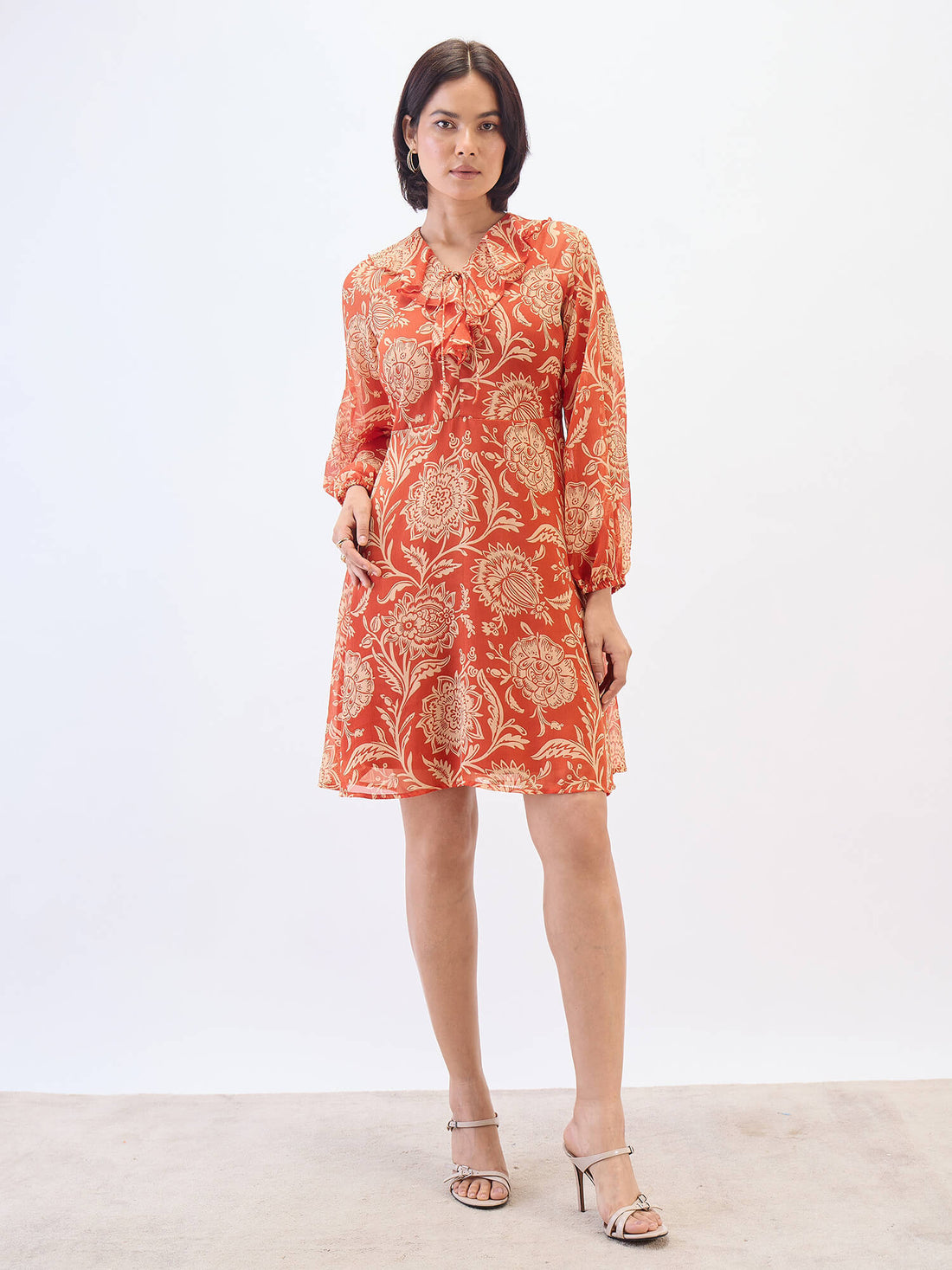 Regina Ruffle neck Dress-Rust &amp; Beige