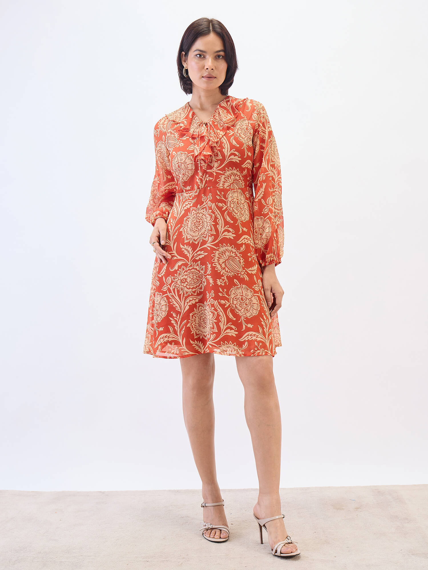 Regina Ruffle neck Dress-Rust &amp; Beige
