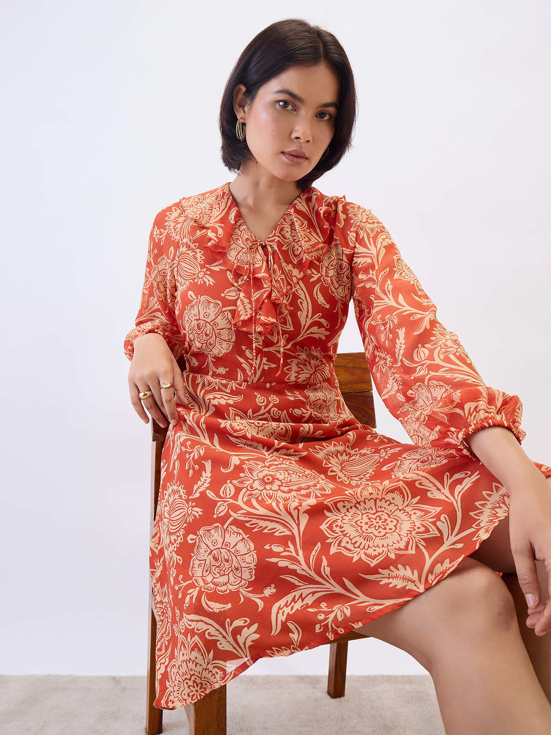 Regina Ruffle neck Dress-Rust &amp; Beige