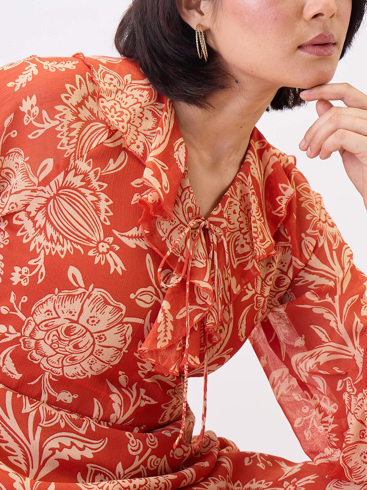 Regina Ruffle neck Dress-Rust &amp; Beige