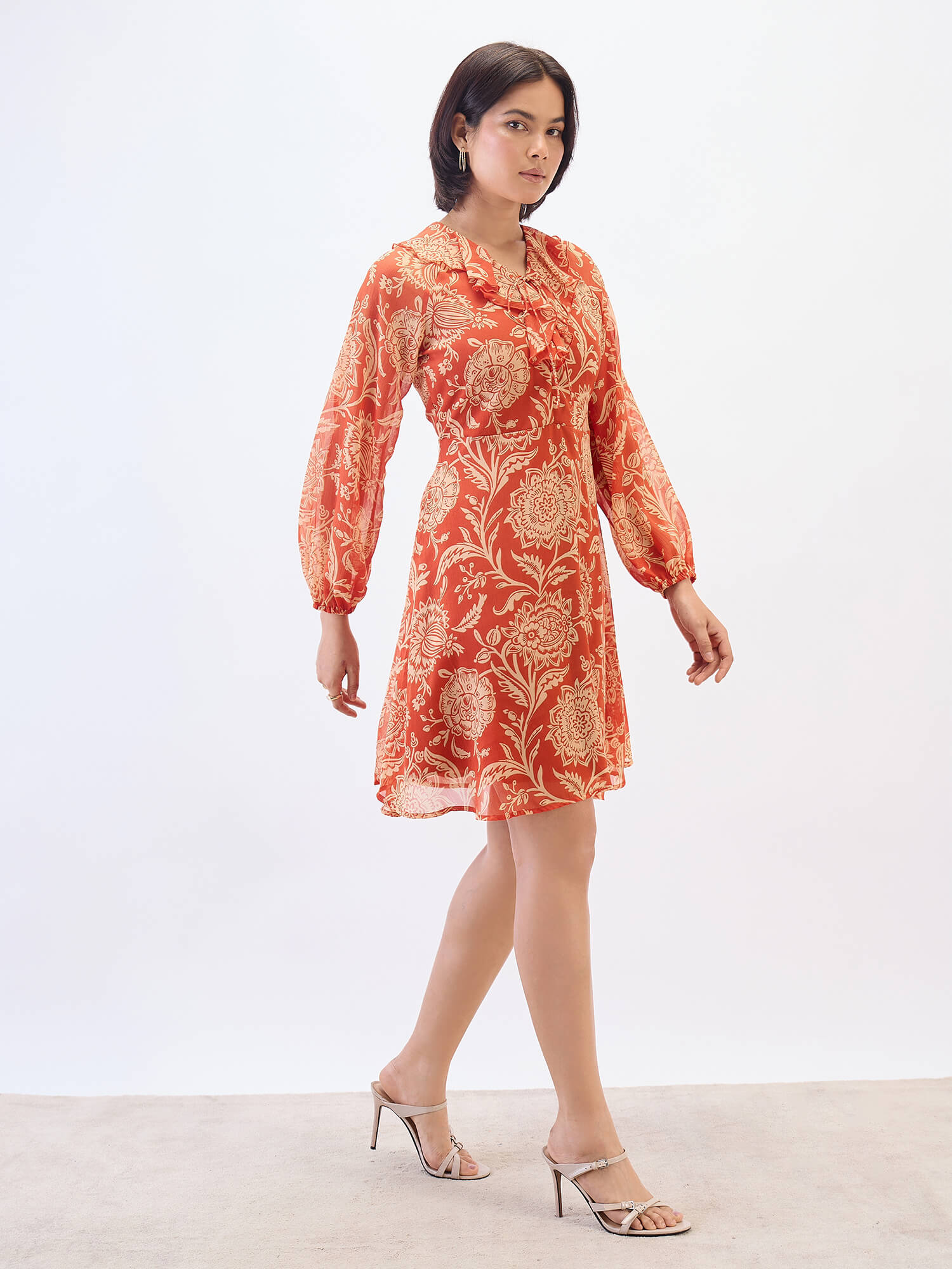 Regina Ruffle neck Dress-Rust &amp; Beige