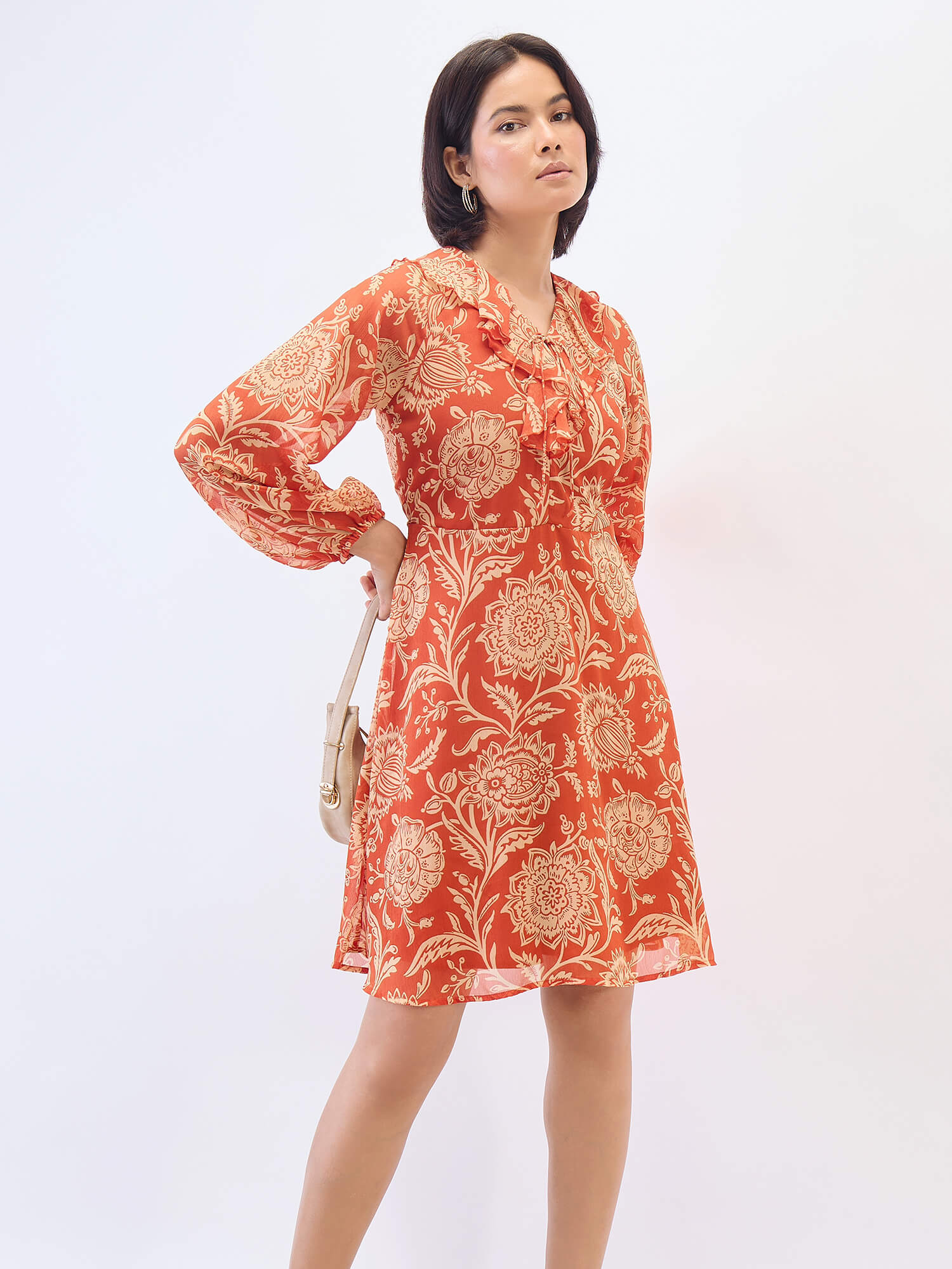 Regina Ruffle neck Dress-Rust &amp; Beige