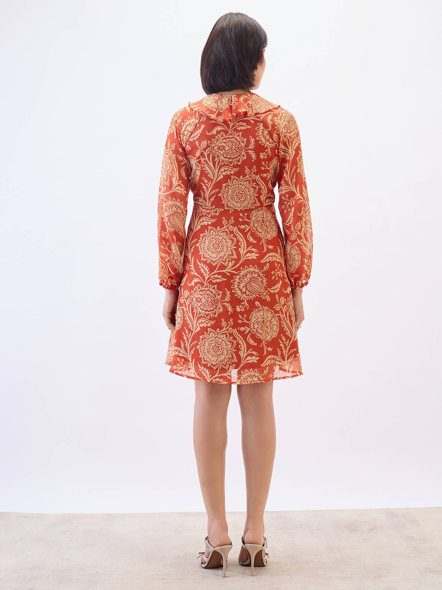 Regina Ruffle neck Dress-Rust &amp; Beige