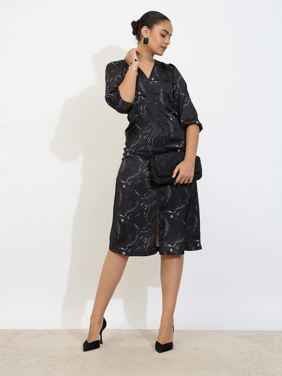 SO_Mintini Printed Faux Button Midi Dress-Multicolor