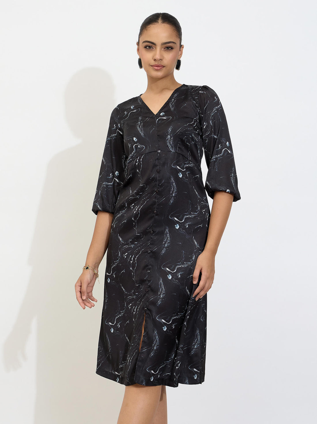 SO_Mintini Printed Faux Button Midi Dress-Multicolor