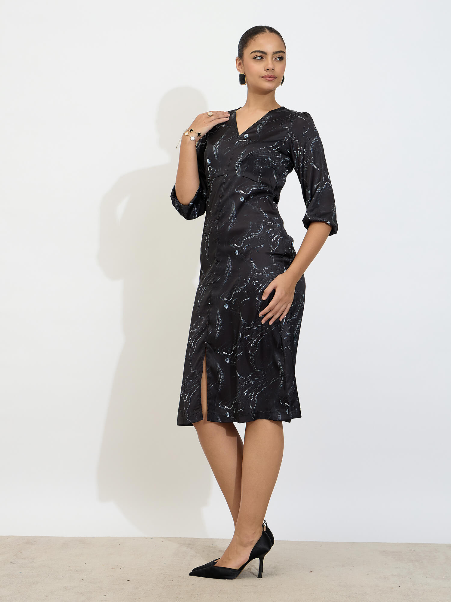 SO_Mintini Printed Faux Button Midi Dress-Multicolor