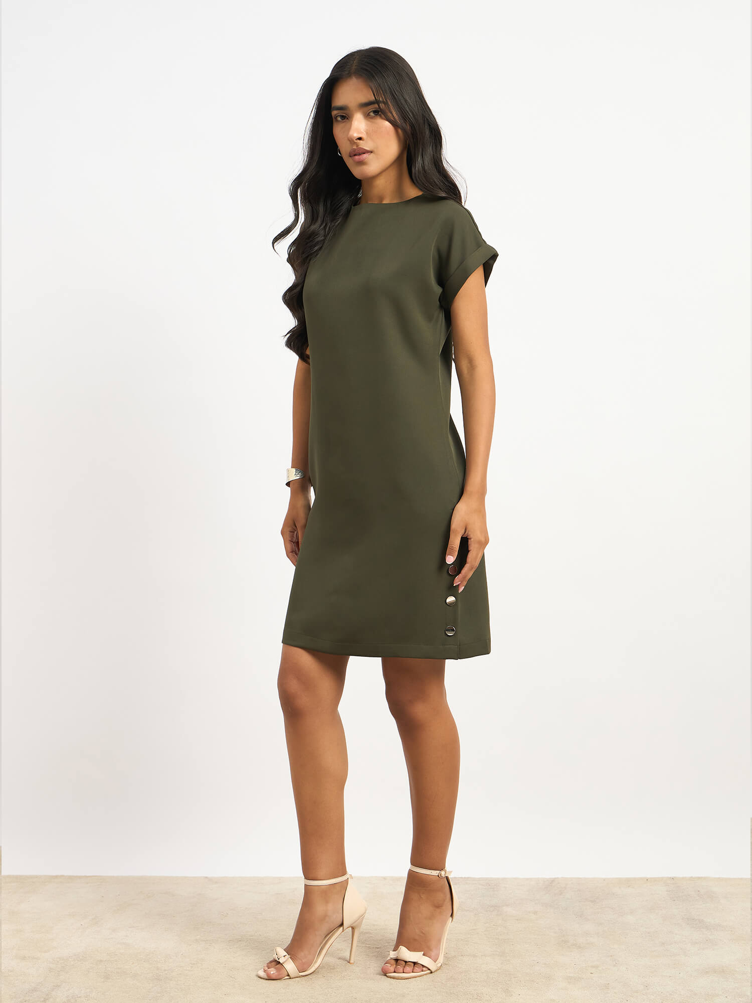 Elwood Side Button Shift Dress - Olive Green