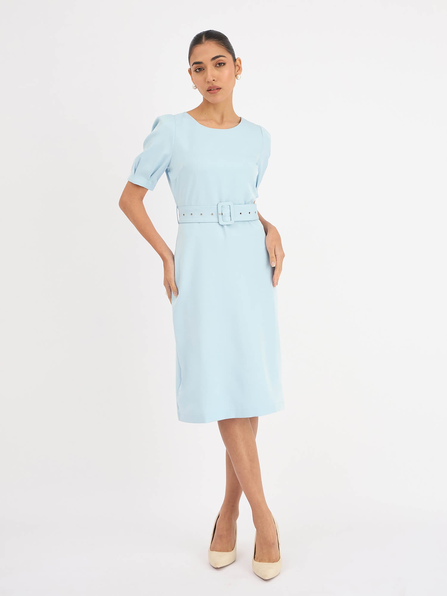 Amy Belted A-Line Dress - Blue