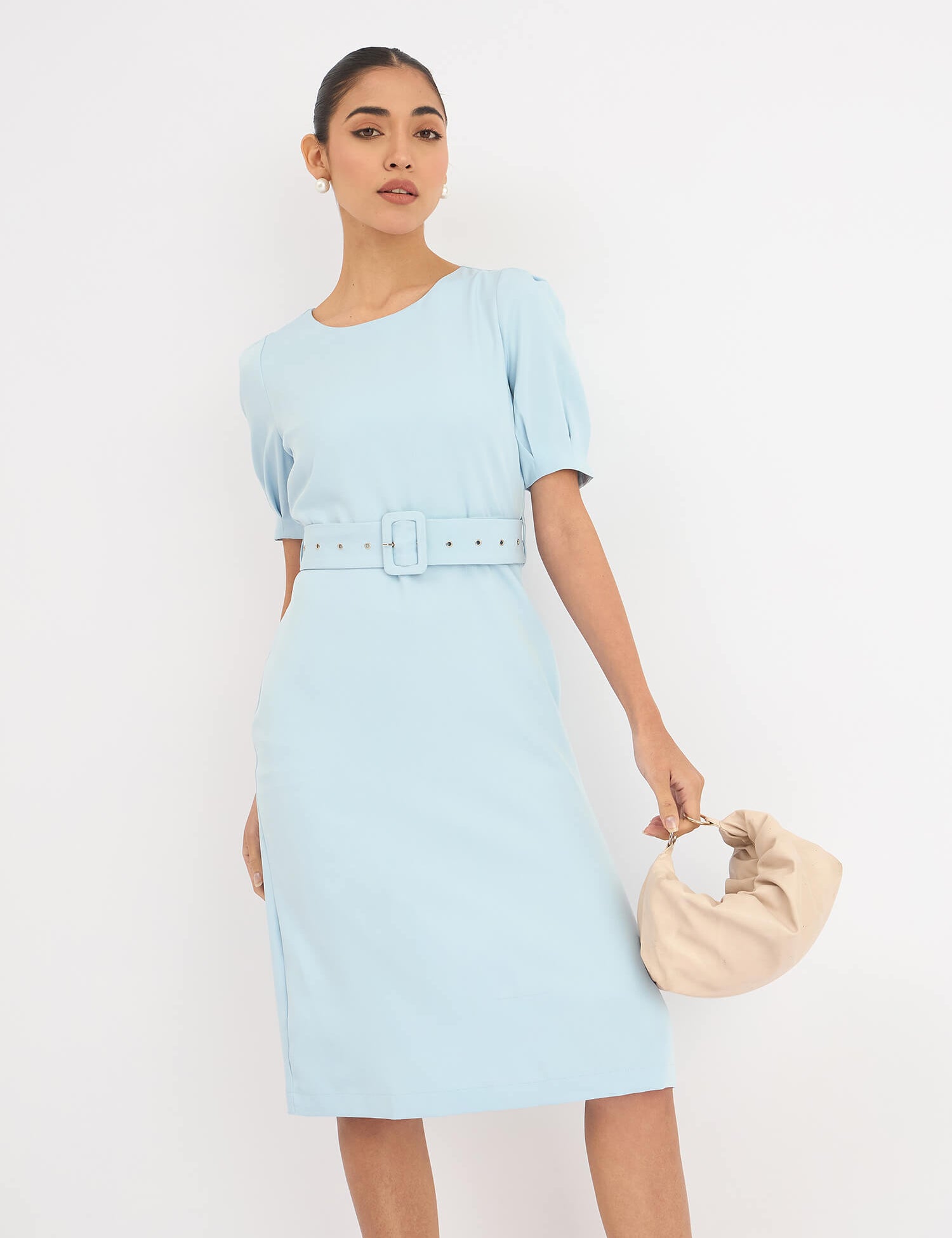 Amy Belted A-Line Dress - Blue