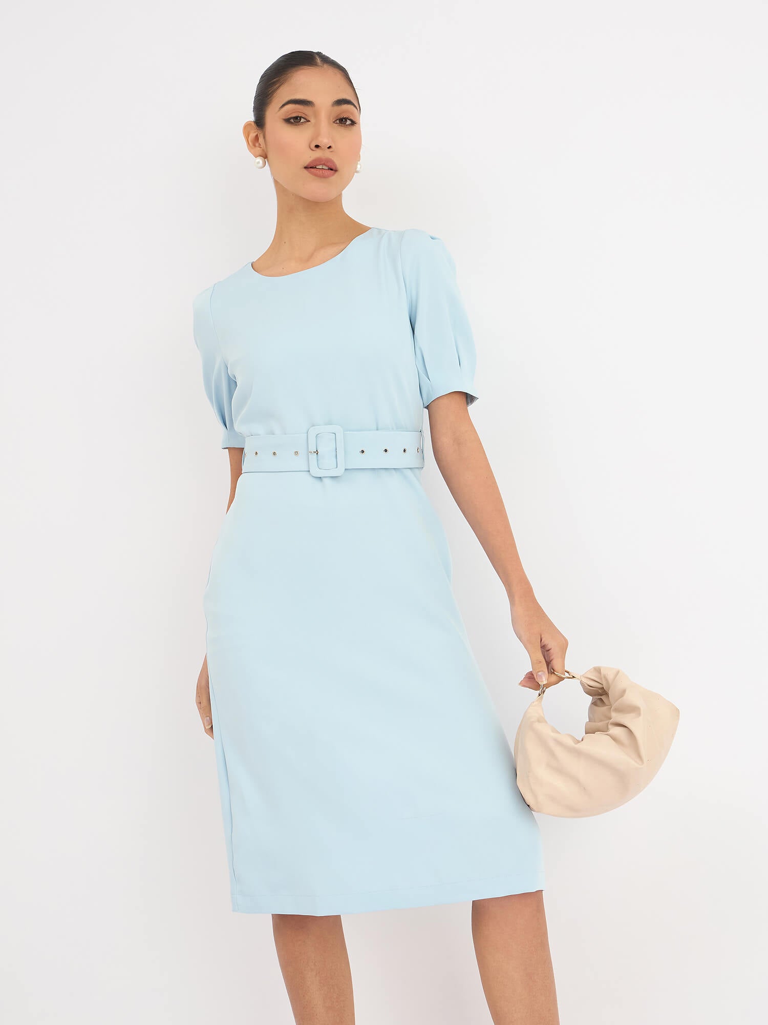 Amy Belted A-Line Dress - Blue