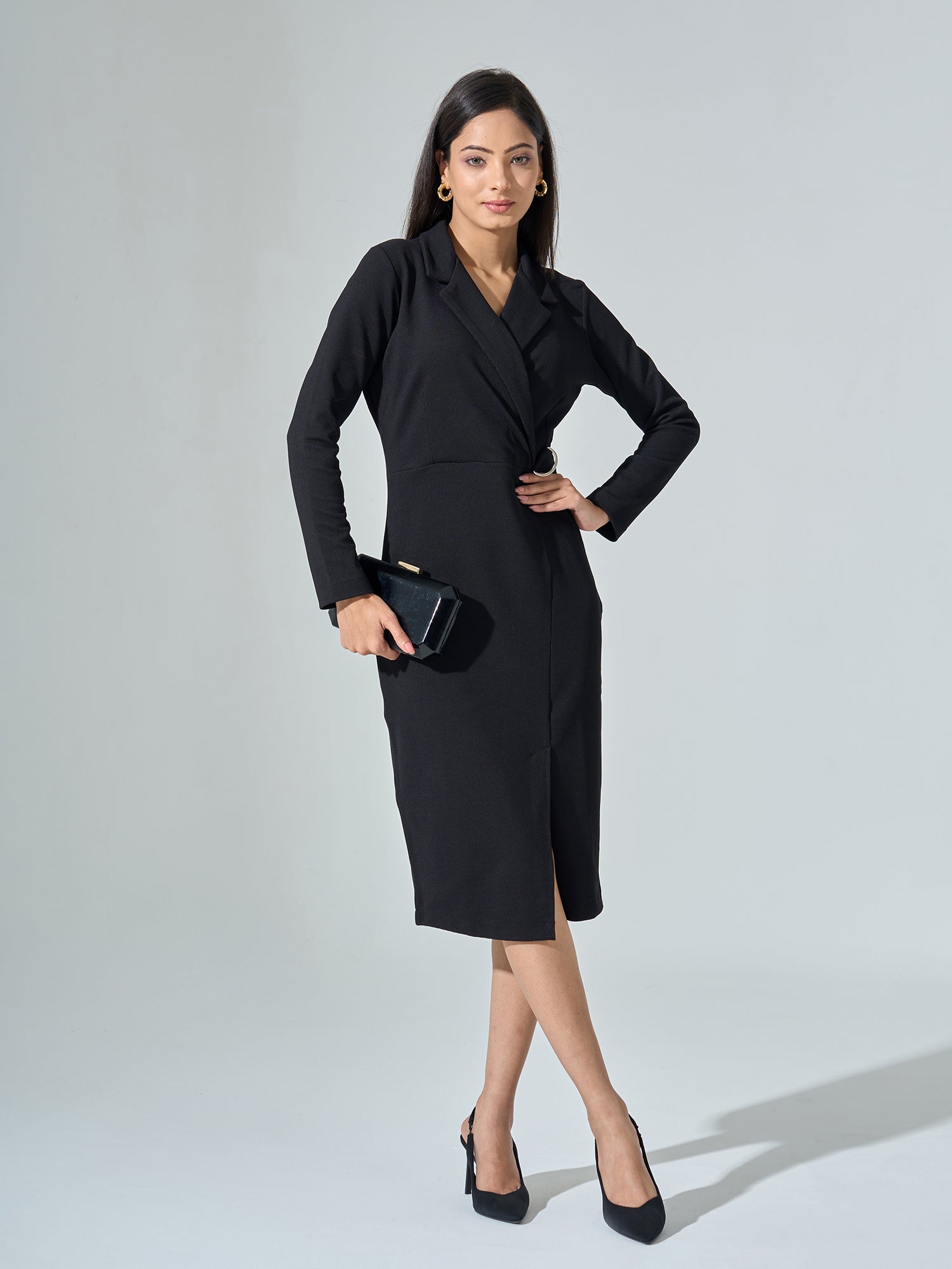 Dark Rum Faux Wrap Dress - Black