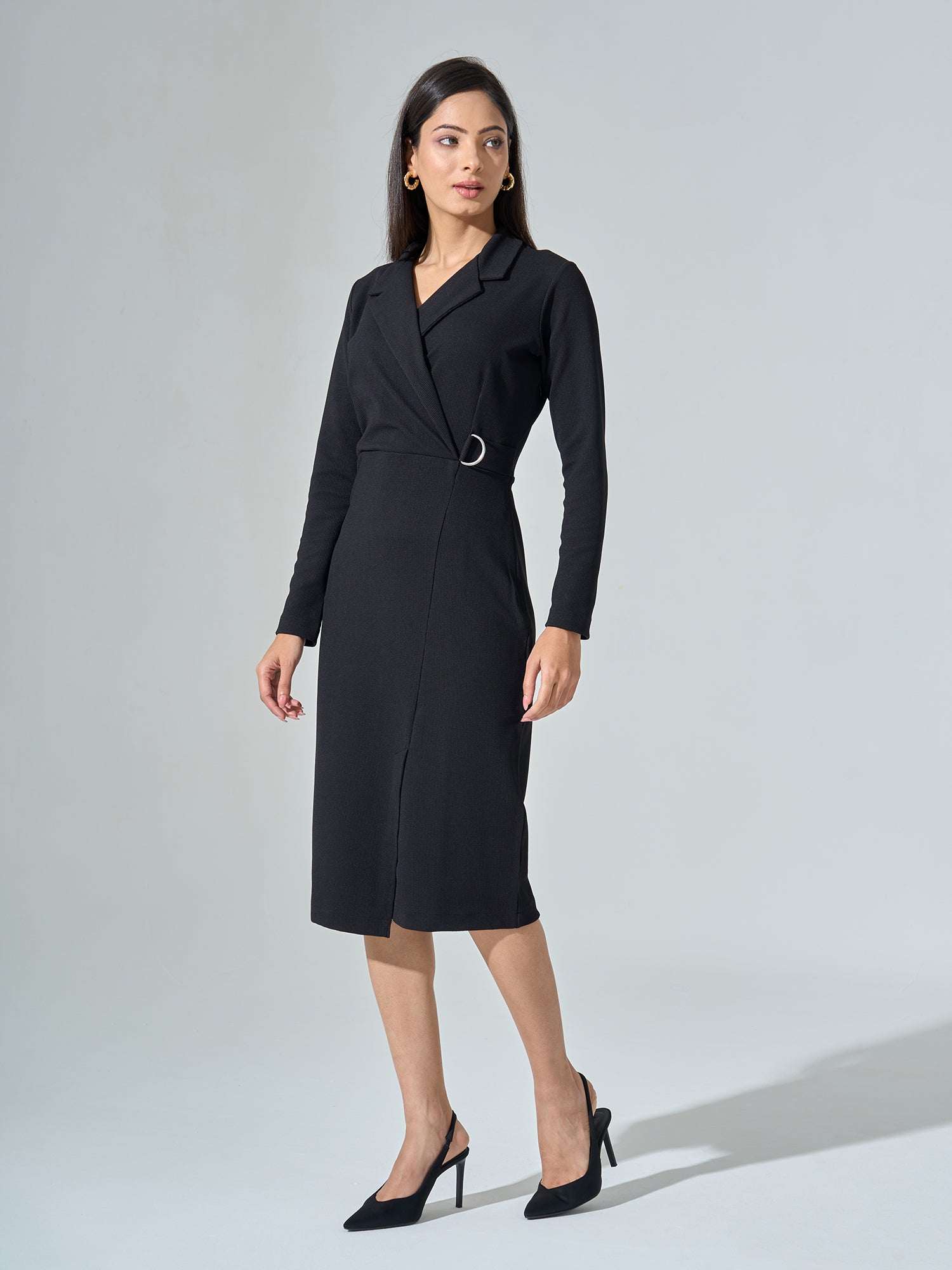 Dark Rum Faux Wrap Dress - Black