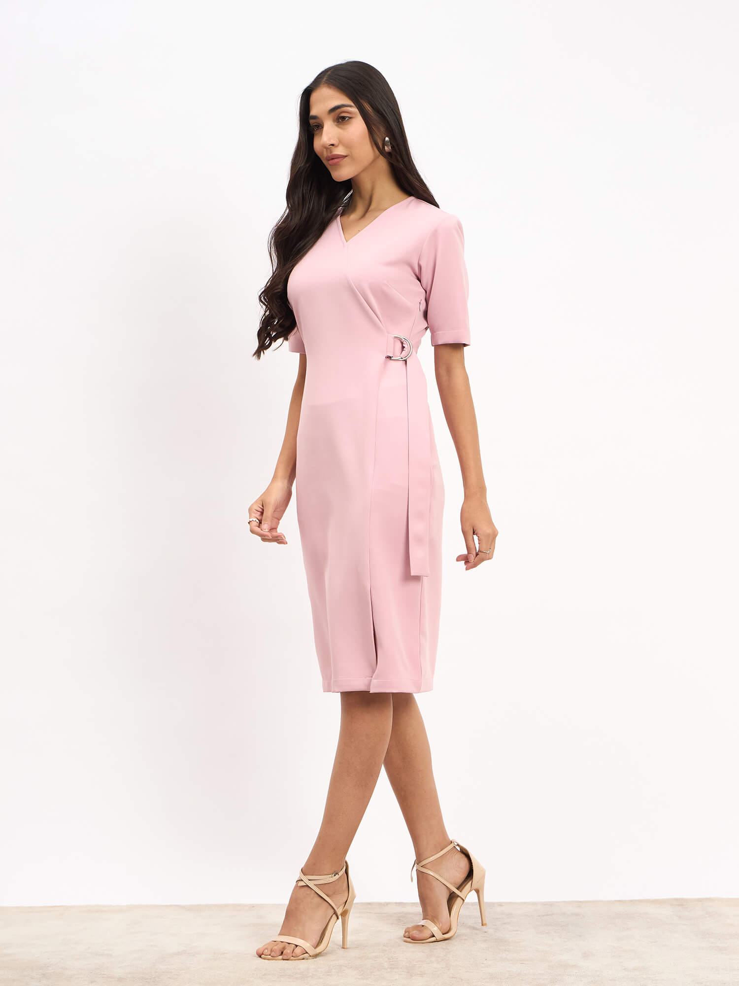 Fluorite D-Buckle Sheath Dress - Pastel Pink