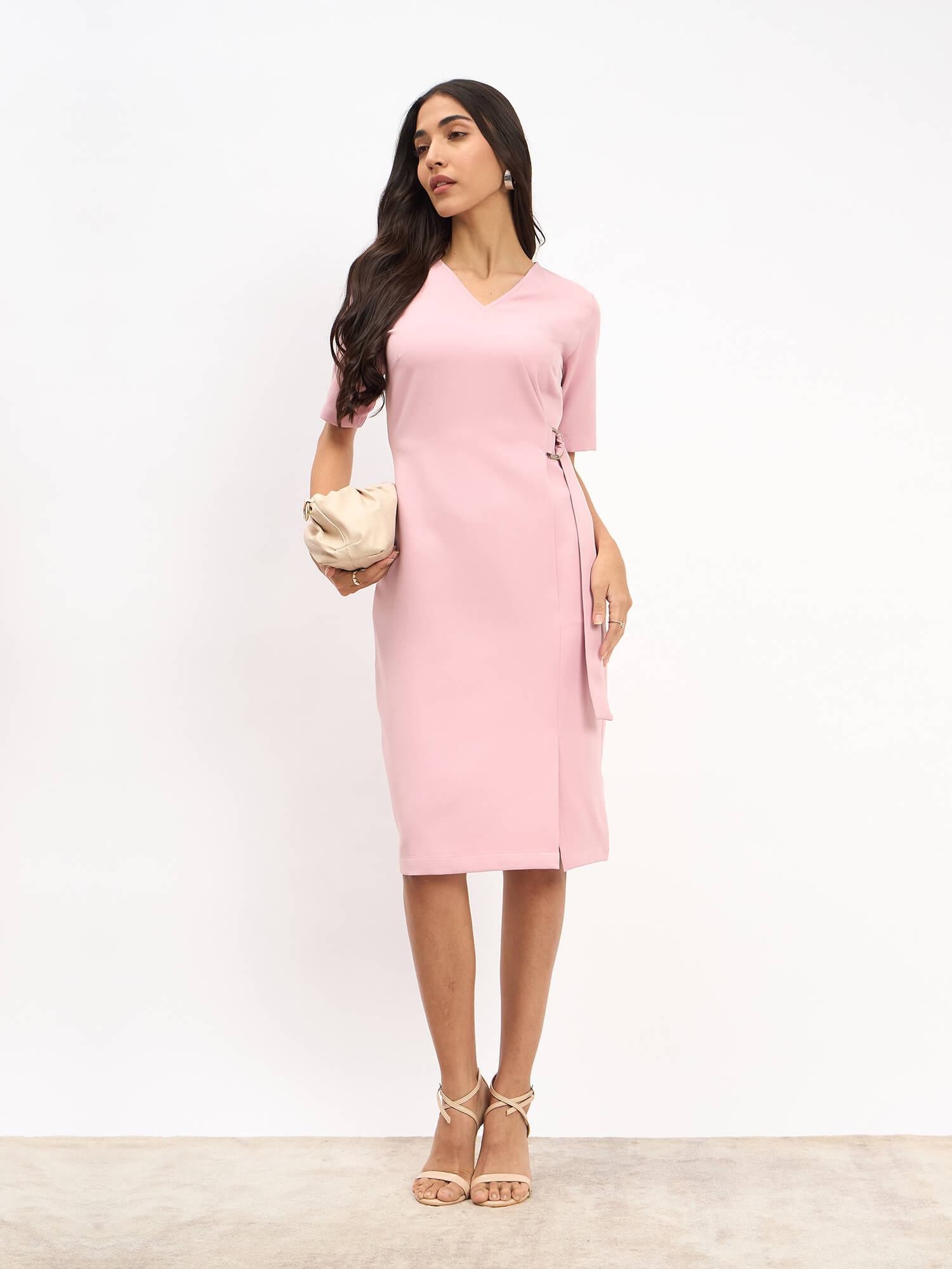 Fluorite D-Buckle Sheath Dress - Pastel Pink