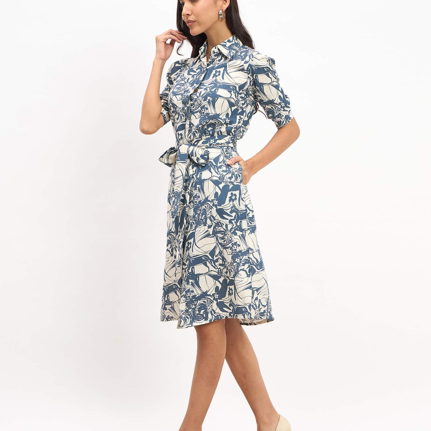 Benny Elbow Sleeve Shirt Dress - Blue